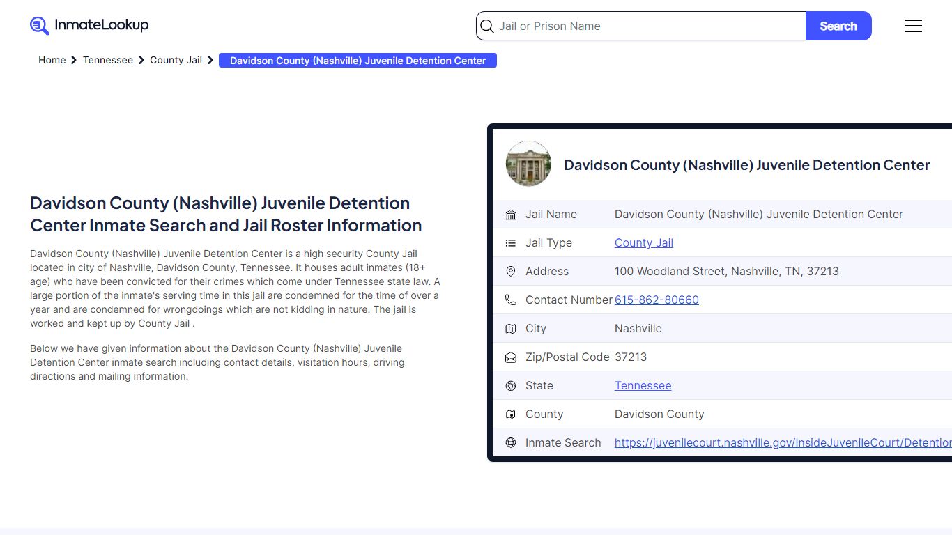 Davidson County (Nashville) Juvenile Detention Center Inmate Search ...